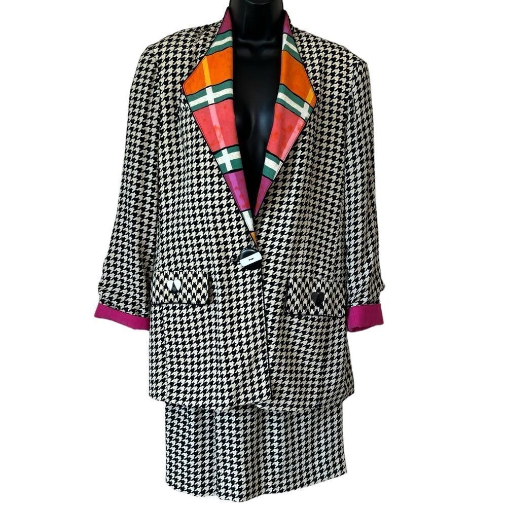 Vintage 80’s Platinum Dorothy Schoelen Retro Houndstooth 2PC Skirt Suit
